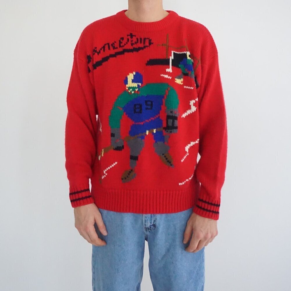 Vintage '80s Bluenotes Red Acrylic Hockey Graphic Knit Sweater Medium